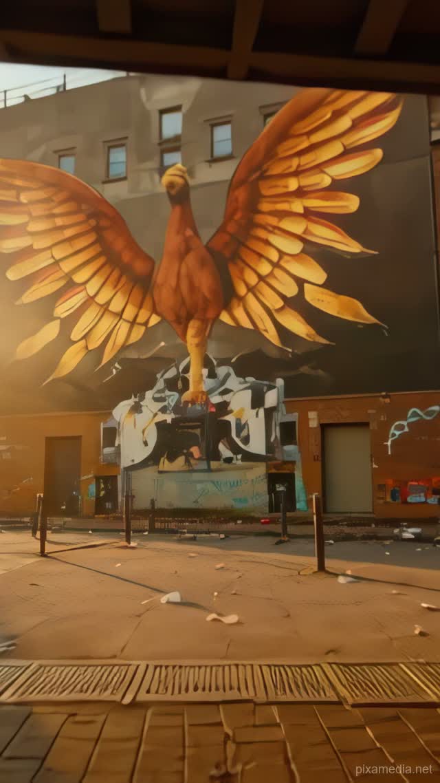 Phoenix Rising from Ruins - Street Art AI stock